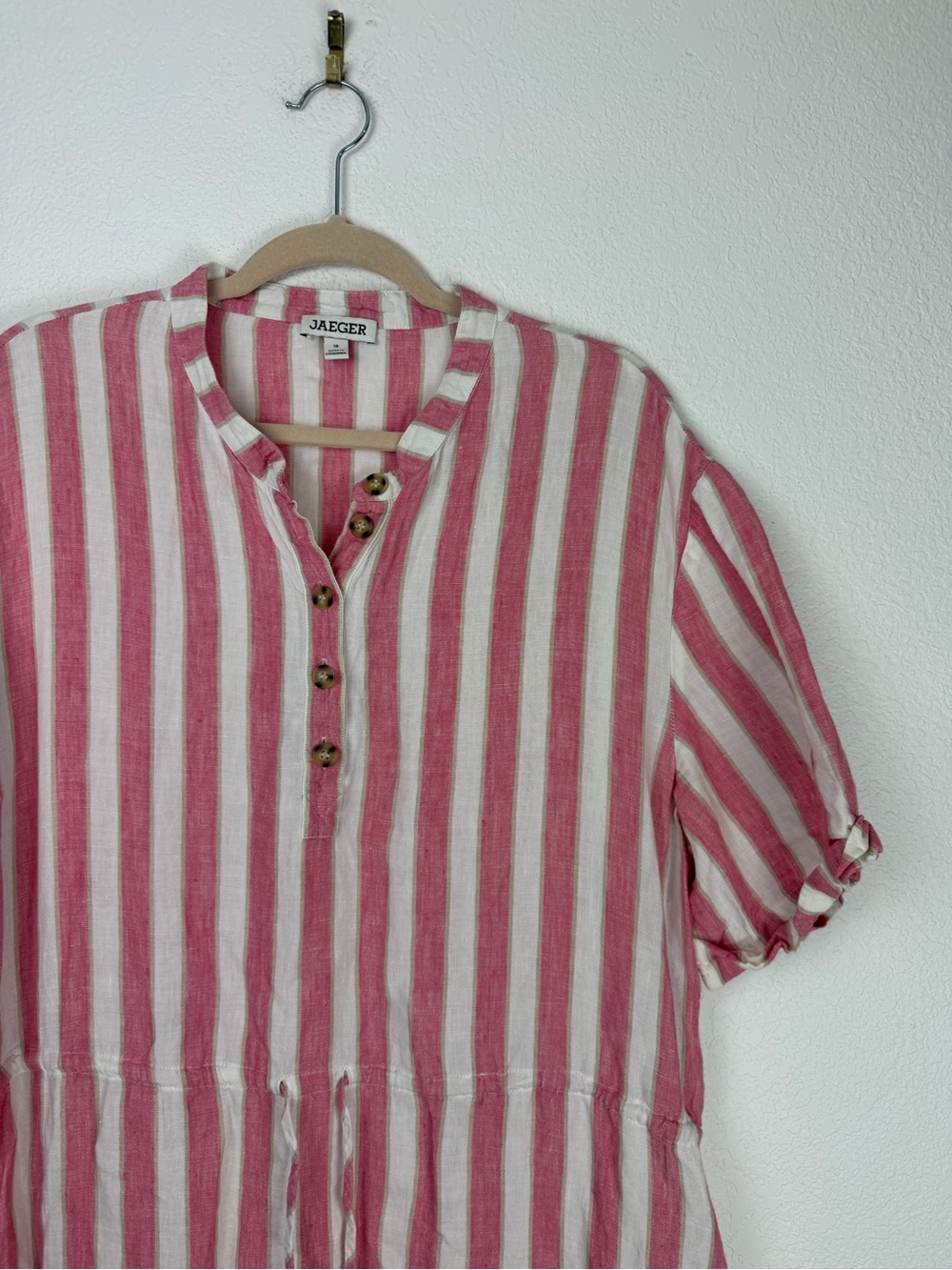 Jaeger Shop Pure Linen Striped Midi Waisted Dress Pink white 18/Large - Picture 7 of 14